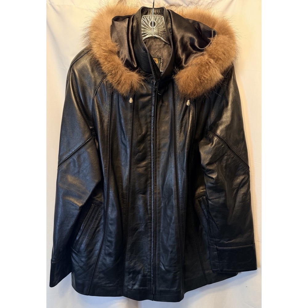 Bison 100% Lambskin Leather Women's XL Black Jacket Wool Trim Hood Made In Italy